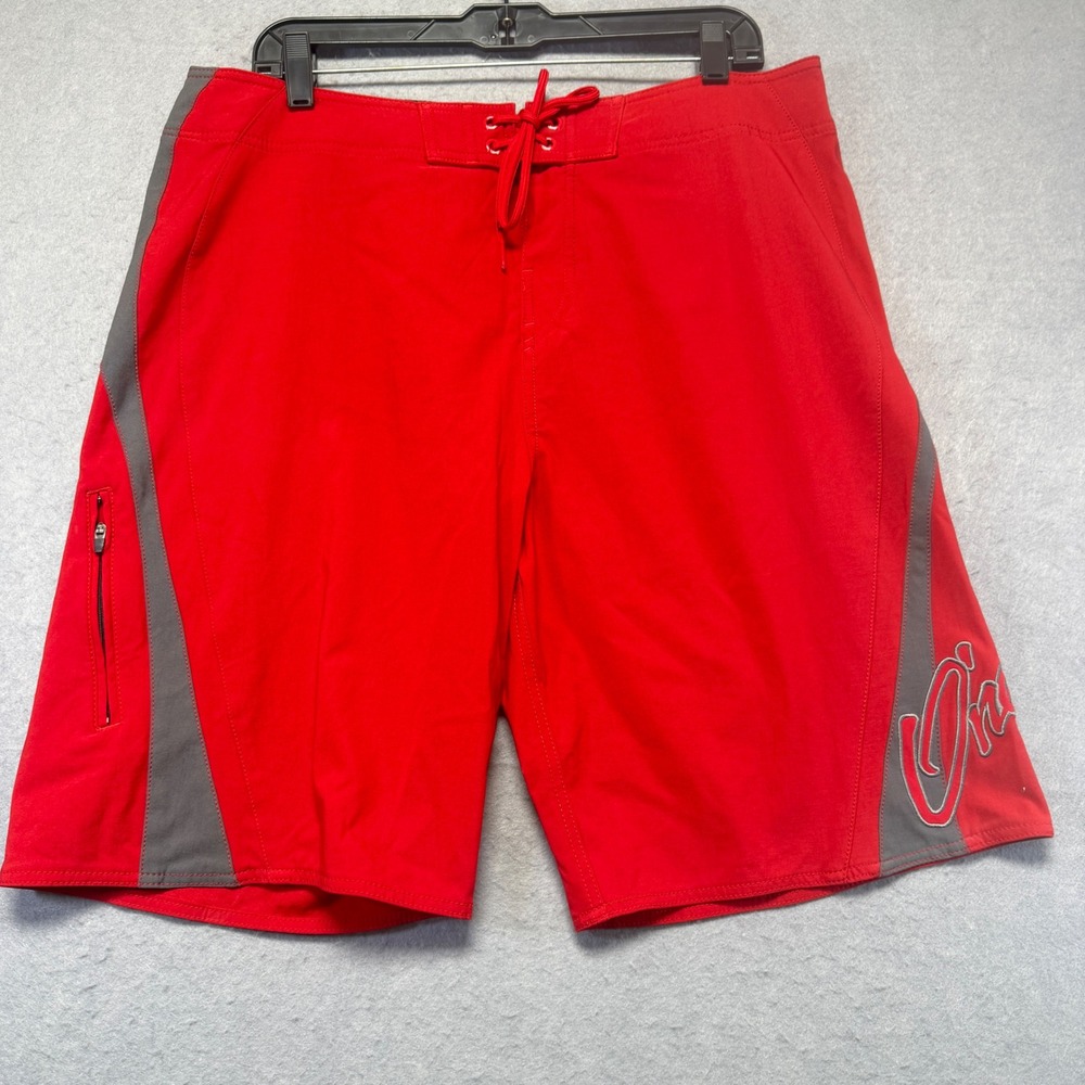 ONeill Mens Red Grey Nylon Board Shorts Swim Trunks Size 36x10‎  Zip Pocket Logo